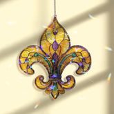 Fleur de Lis Acrylic Suncatcher, Elegant Yellow and Purple Window Hanging Panel, French Symbol Decorative Wall Art Home Decor Gift